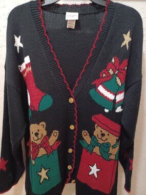 Vintage Holiday Time Christmas Teddy Bear Sweater M Oversized Black Cardigan